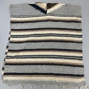 Southwestern Serape Style Woven Throw Blanket Gray Brown Striped Fringe